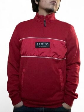 GUESS Los Angeles Red Quarter-Zip‎ Pullover Sweatshirt with Nylon Chest Panel